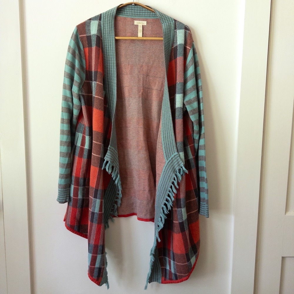 Matilda Jane Cardigan Womens XS Red Blue‎ Plaid Cozy Boho Quirky Asymmetrical